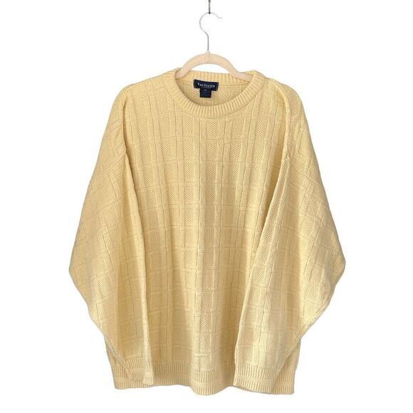 VTG Van Heusen Men's Grandpa Sweater‎ XL 100% Cotton Lattice Knit Pale Yellow - Picture 1 of 6